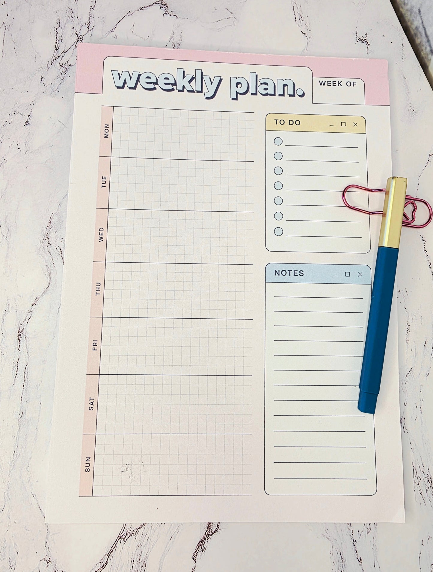 Weekly Planner Notepad w/Pen and Clip Pink