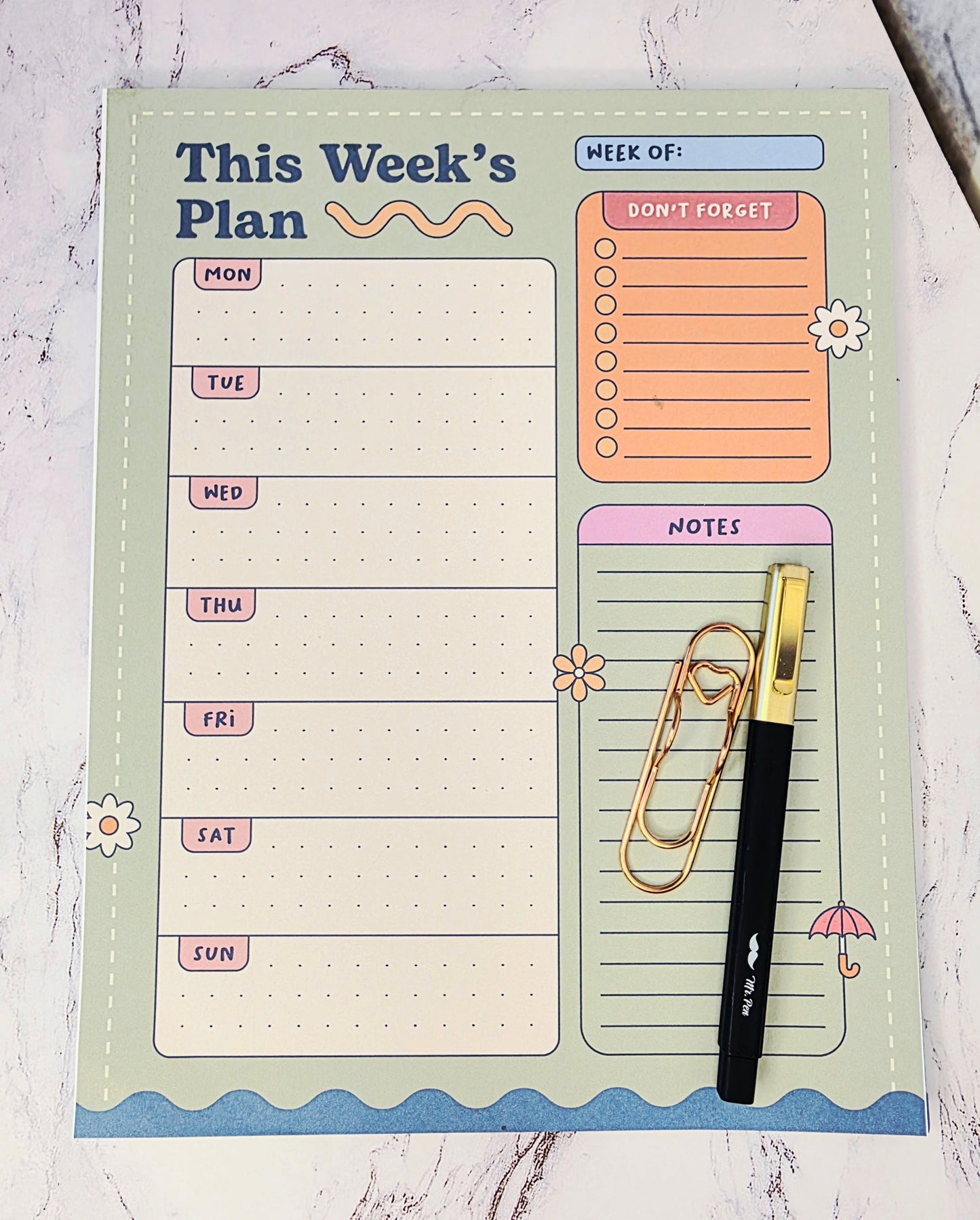 Weekly Planner Notepad w/Pen and Clip Green