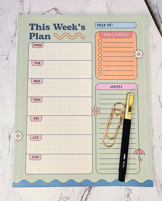 Weekly Planner Notepad w/Pen and Clip Green