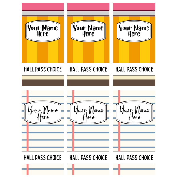 Pencil and Notebook Hallpasses Set of 6